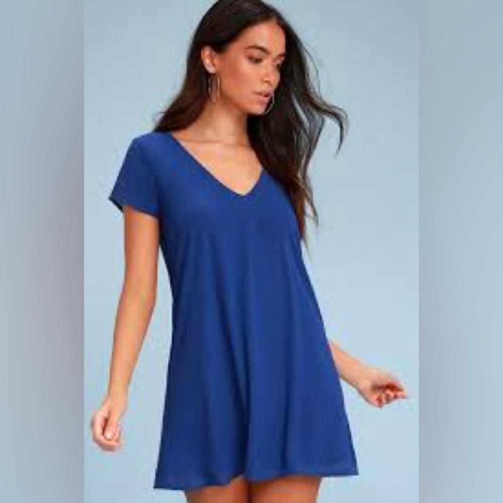 Lulus Royal Blue Short Sleeve V-Neck Shift Dress • Size Small